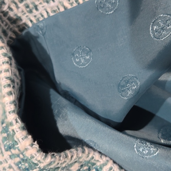 Tory Burch green, cream, teal classic tweed short sleeve top, size 6 - Picture 9 of 10